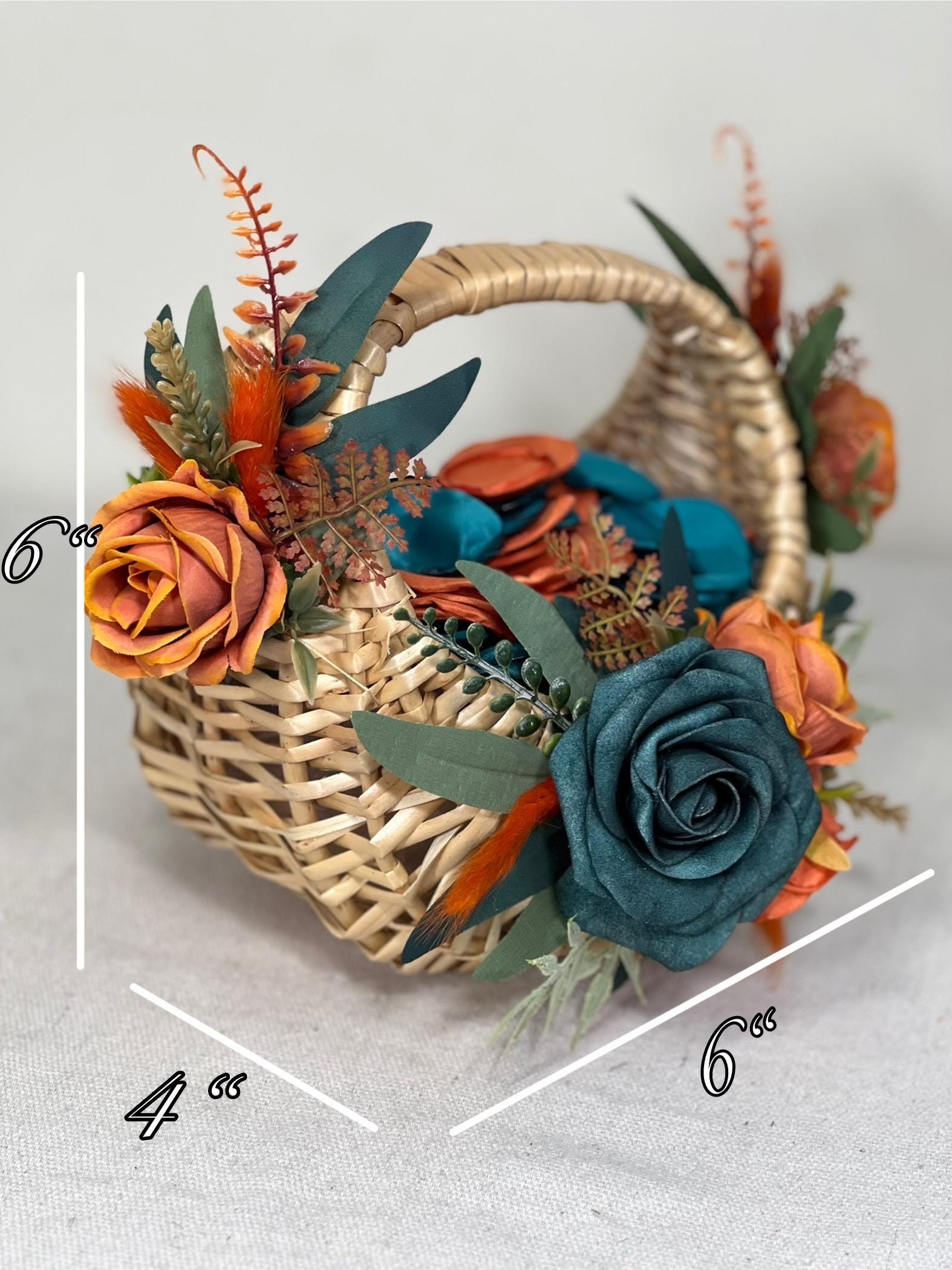 Flower Girl Basket Wedding Dark Teal Orange Burnt Fall Ceremony Artificial Flower Terracotta Teal Blue Rustic Flower Girl Basket for Petals