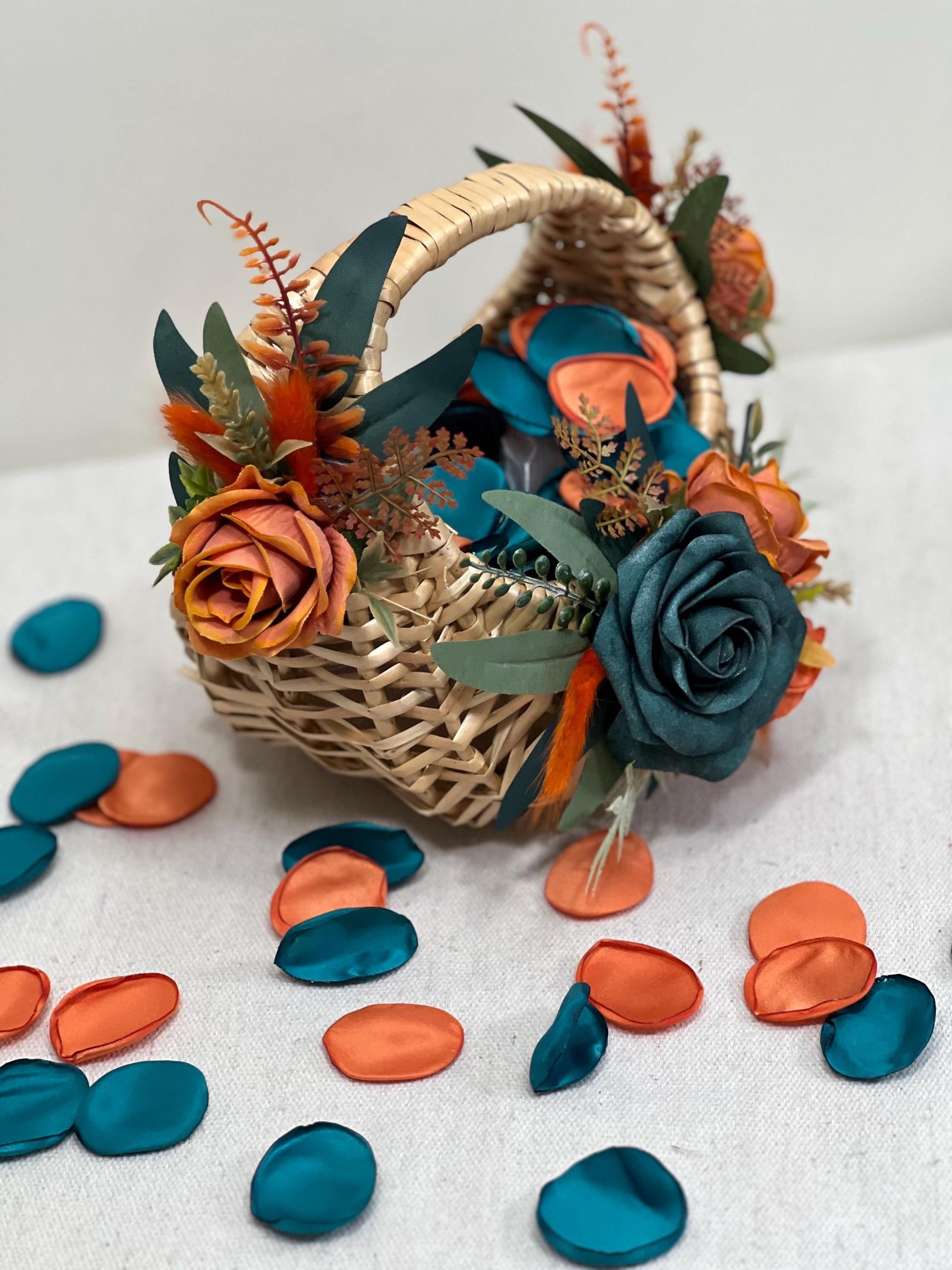 Flower Girl Basket Wedding Dark Teal Orange Burnt Fall Ceremony Artificial Flower Terracotta Teal Blue Rustic Flower Girl Basket for Petals