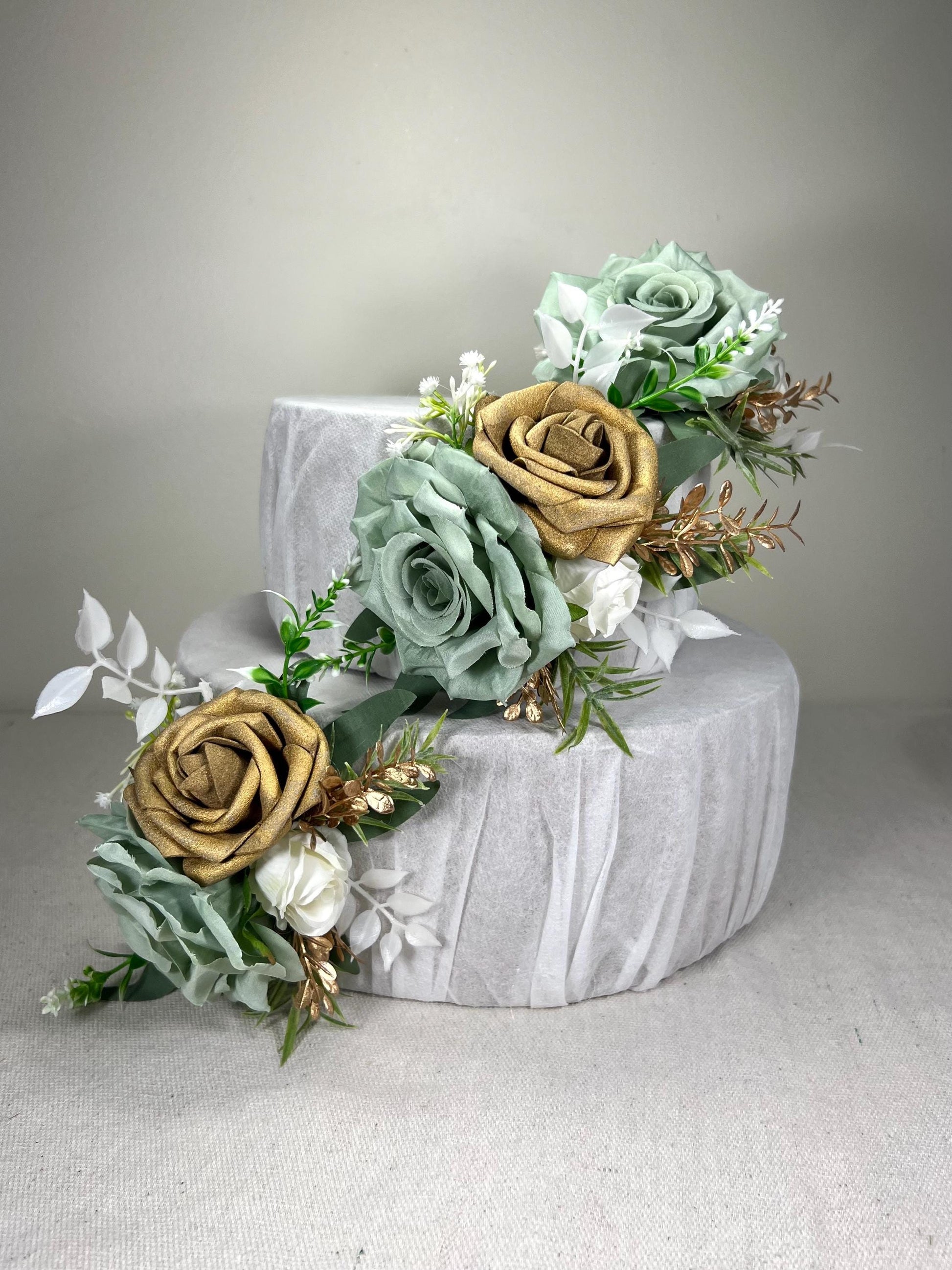 Sage Green Cake Decor Flower Wedding White Dusty Sage Green Gold Cake Arrangement Flower Artificial Ivory Sage Green Eucalyptus