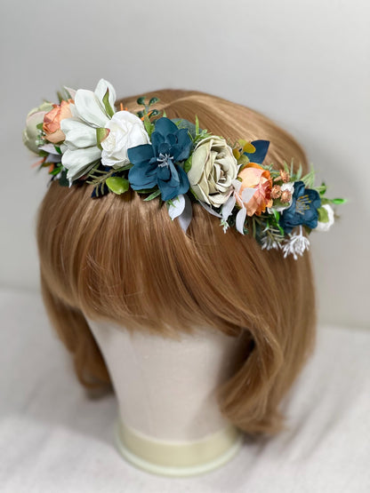 Teal White Flower Crown Wedding Dusty Teal Blue Sage Green Headband Ivory Terracotta Dark Teal Floral Crown Artiricial Flowers Dusty Sage