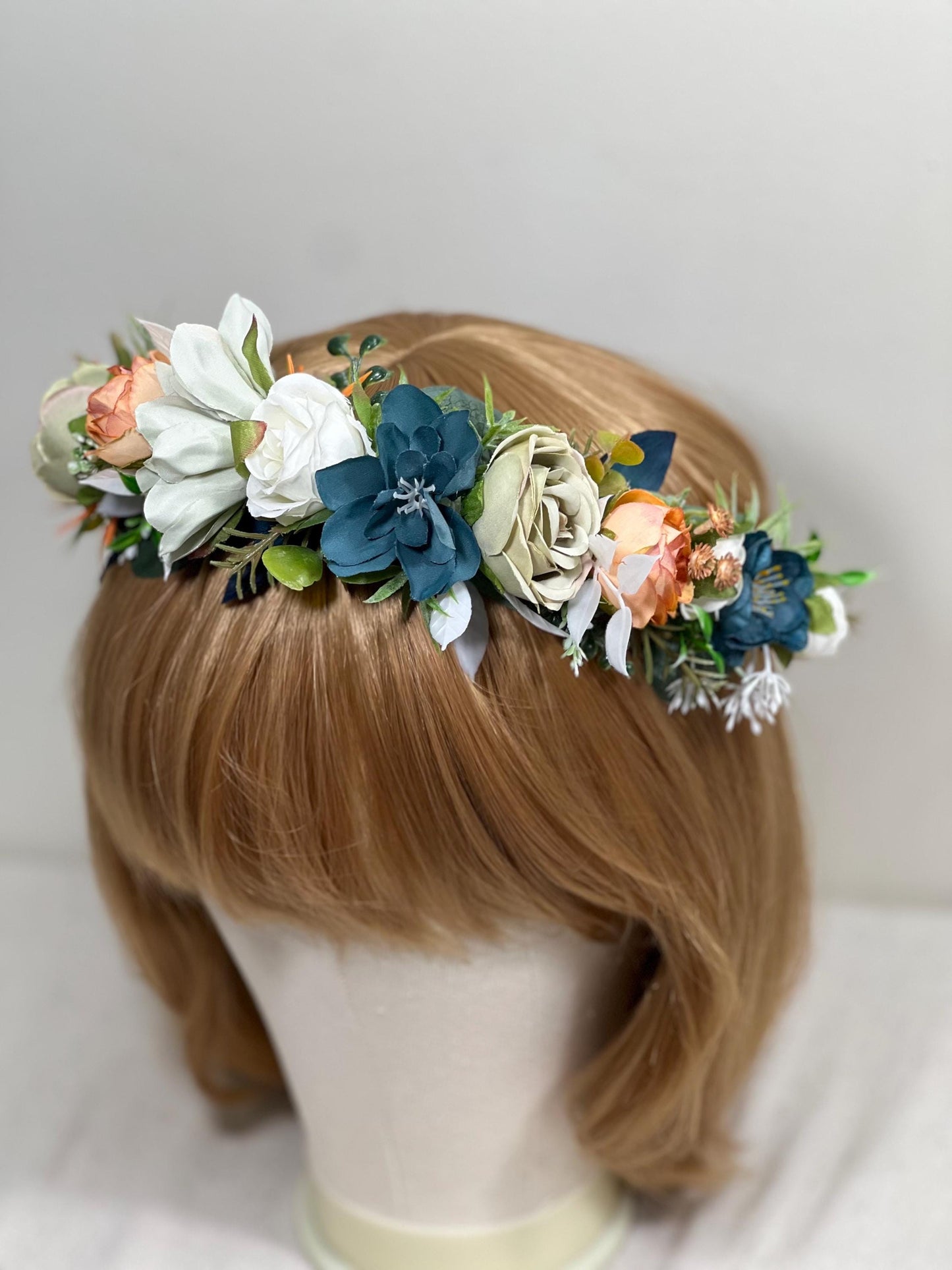Teal White Flower Crown Wedding Dusty Teal Blue Sage Green Headband Ivory Terracotta Dark Teal Floral Crown Artiricial Flowers Dusty Sage