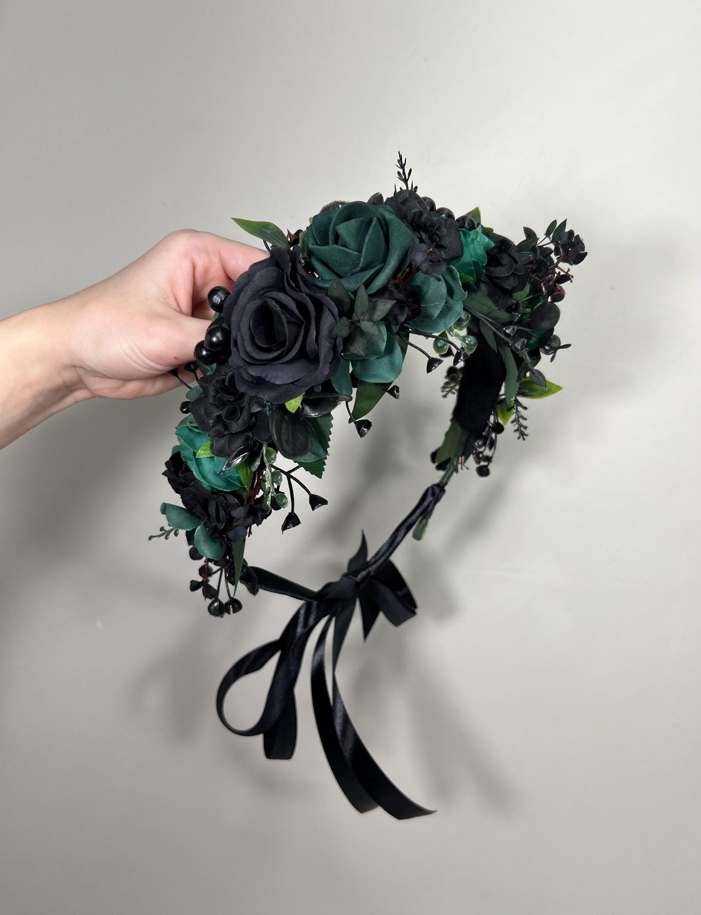 Black Dark Green Flower Crown Wedding Emerald Green Floral HeadBand Gothic Hunter Green Forest Black Flower Girl Crown Artificial Flower