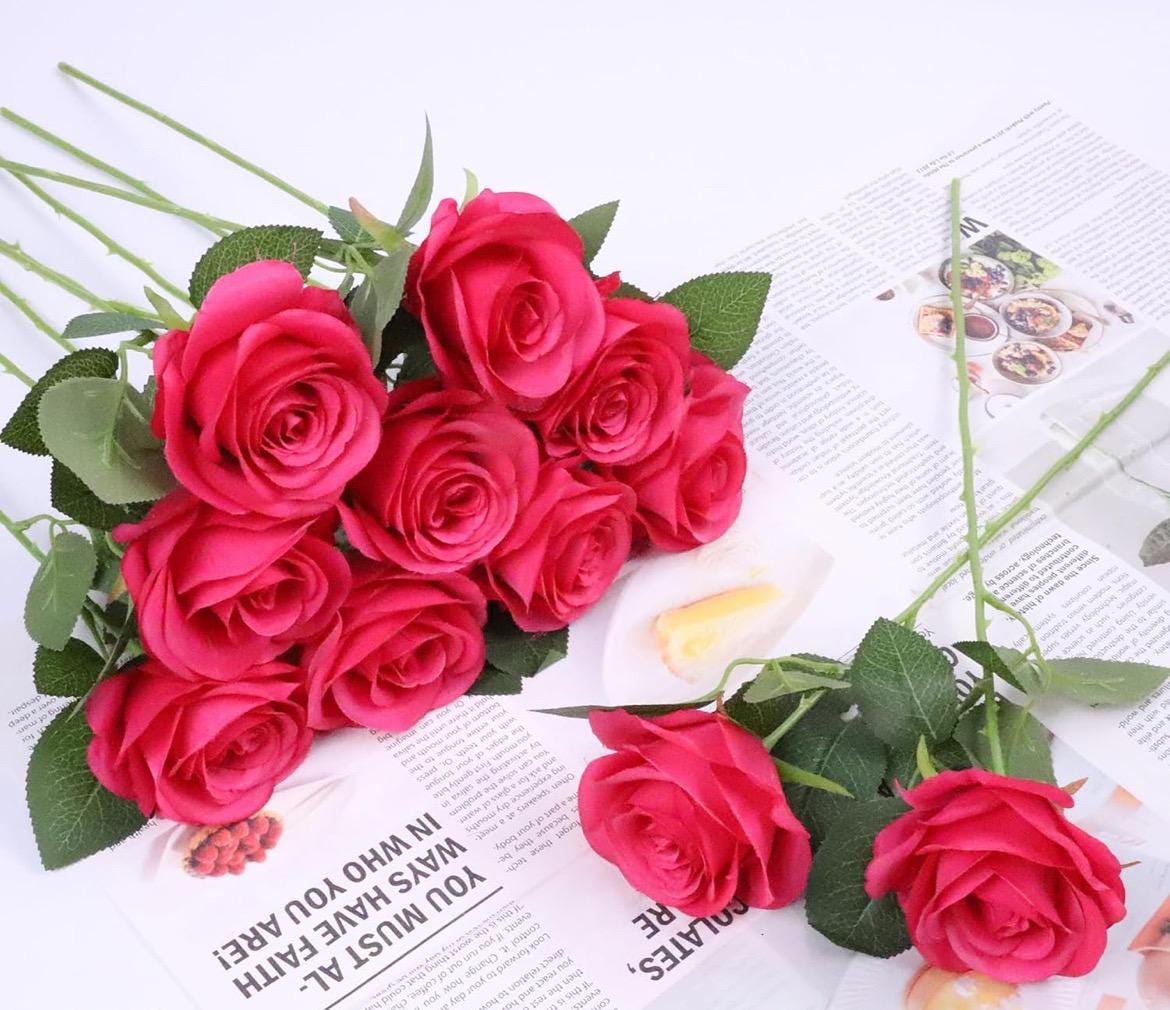 Fuchsia Roses Artificial Flower Heads with Stem Hot Pink Wedding Roses for Bouquet DIY Bright Pink Roses Real Touch Floral Supplies Flowers