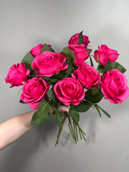 Fuchsia Roses Artificial Flower Heads with Stem Hot Pink Wedding Roses for Bouquet DIY Bright Pink Roses Real Touch Floral Supplies Flowers