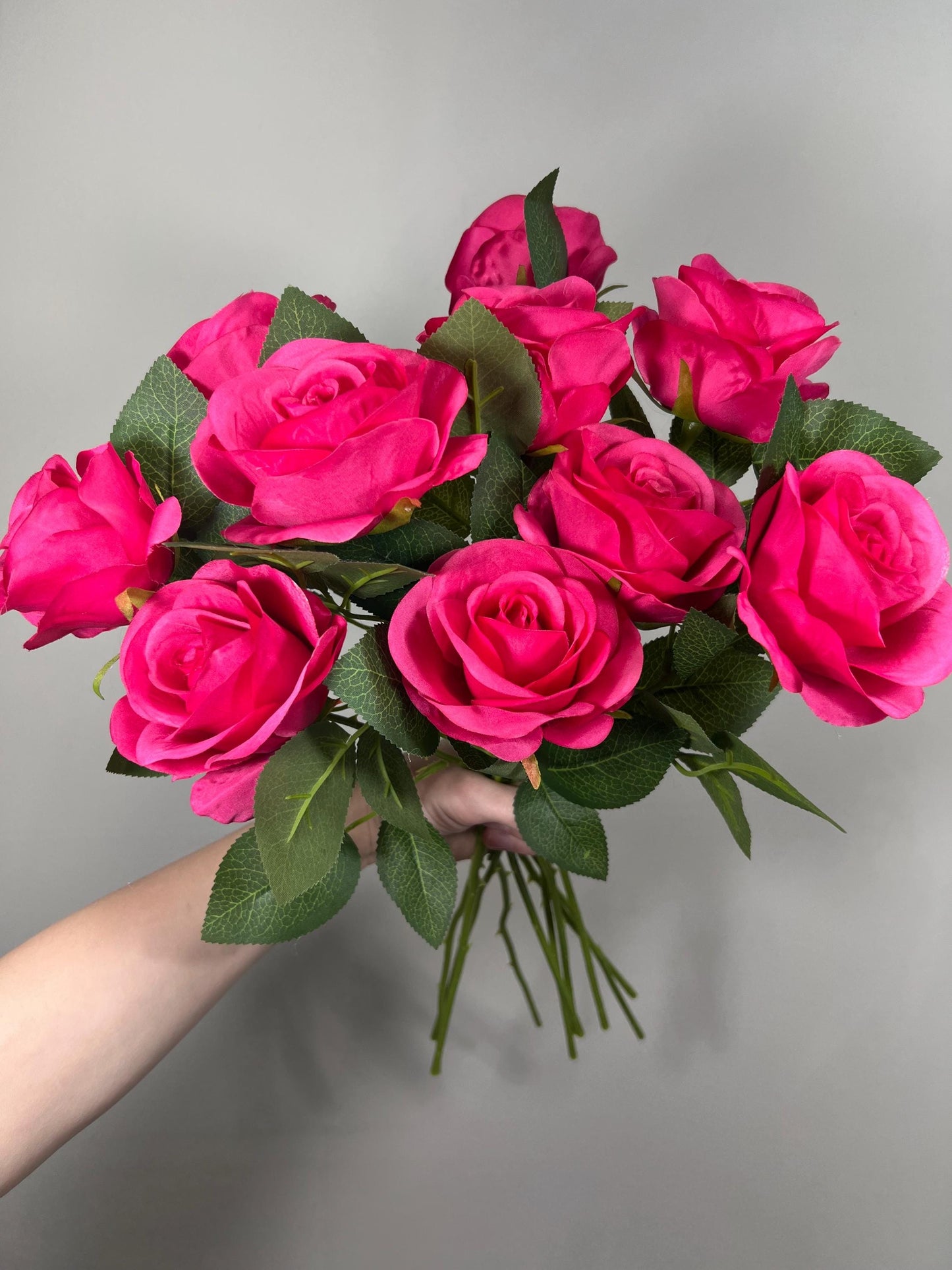 Fuchsia Roses Artificial Flower Heads with Stem Hot Pink Wedding Roses for Bouquet DIY Bright Pink Roses Real Touch Floral Supplies Flowers