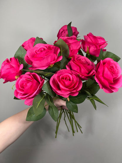 Fuchsia Roses Artificial Flower Heads with Stem Hot Pink Wedding Roses for Bouquet DIY Bright Pink Roses Real Touch Floral Supplies Flowers