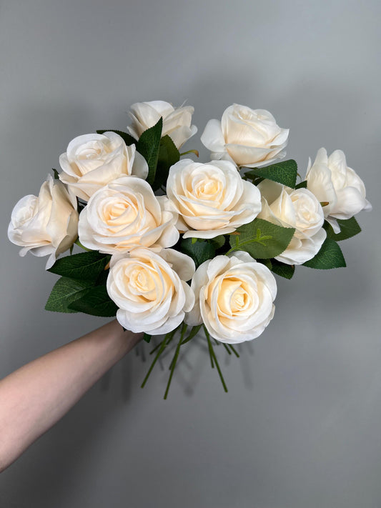 Champagne Roses Artificial Flower Heads with Stem Ivory Wedding Roses for Bouquet DIY Cream Roses Off White Supplies Flower Fake
