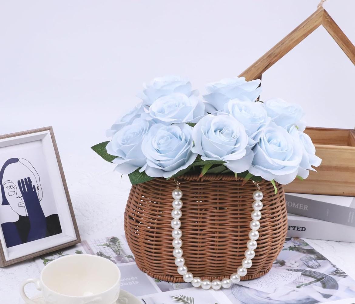 Light Blue Roses Artificial Flower Heads with Stem Dusty Blue Wedding Roses for Bouquet DIY Roses Real Touch Baby Blue Sky Supplies Flowers
