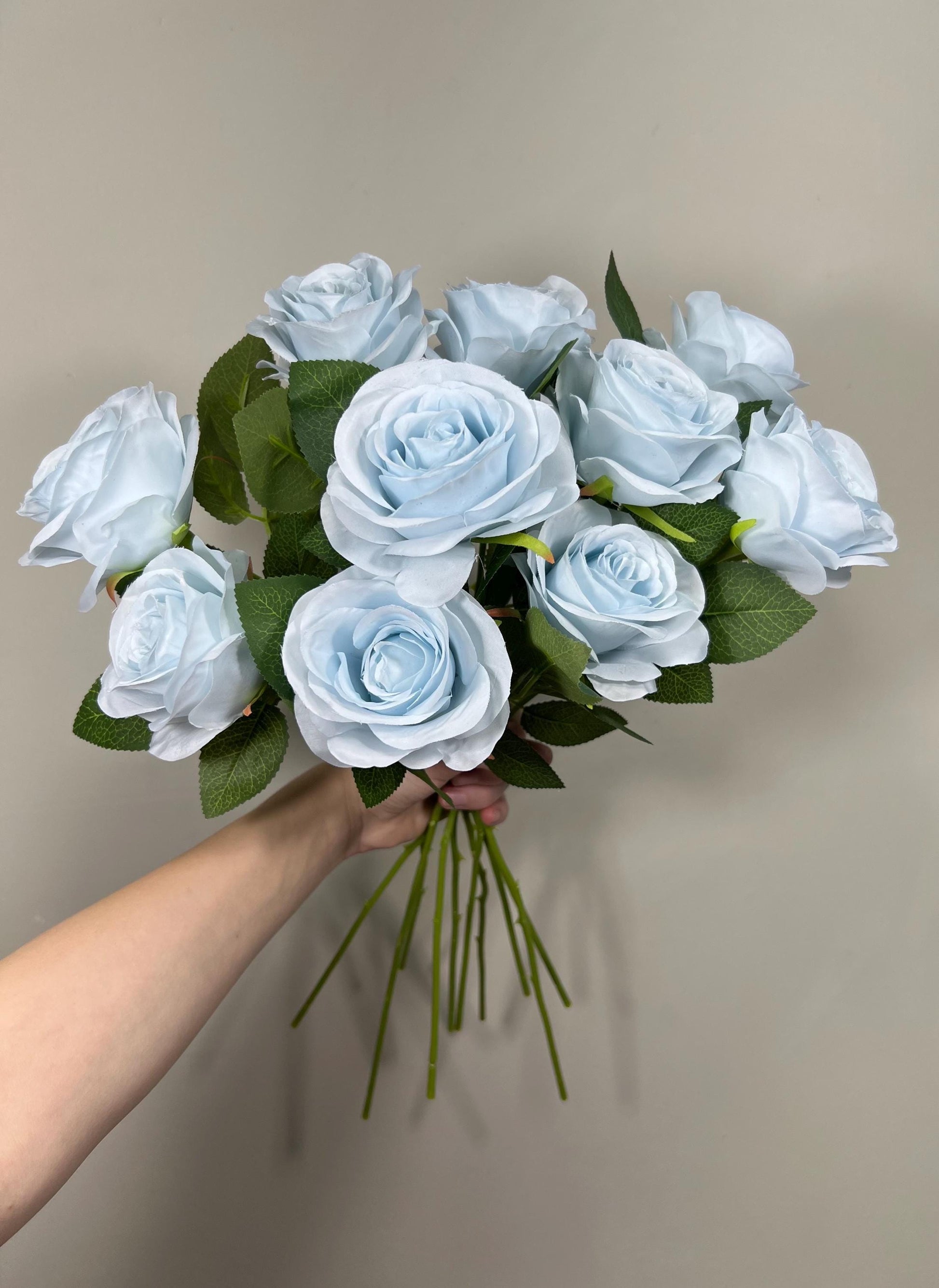 Light Blue Roses Artificial Flower Heads with Stem Dusty Blue Wedding Roses for Bouquet DIY Roses Real Touch Baby Blue Sky Supplies Flowers