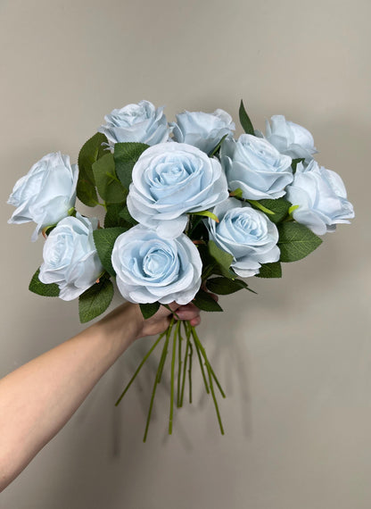 Light Blue Roses Artificial Flower Heads with Stem Dusty Blue Wedding Roses for Bouquet DIY Roses Real Touch Baby Blue Sky Supplies Flowers