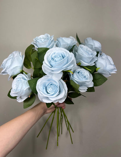 Light Blue Roses Artificial Flower Heads with Stem Dusty Blue Wedding Roses for Bouquet DIY Roses Real Touch Baby Blue Sky Supplies Flowers
