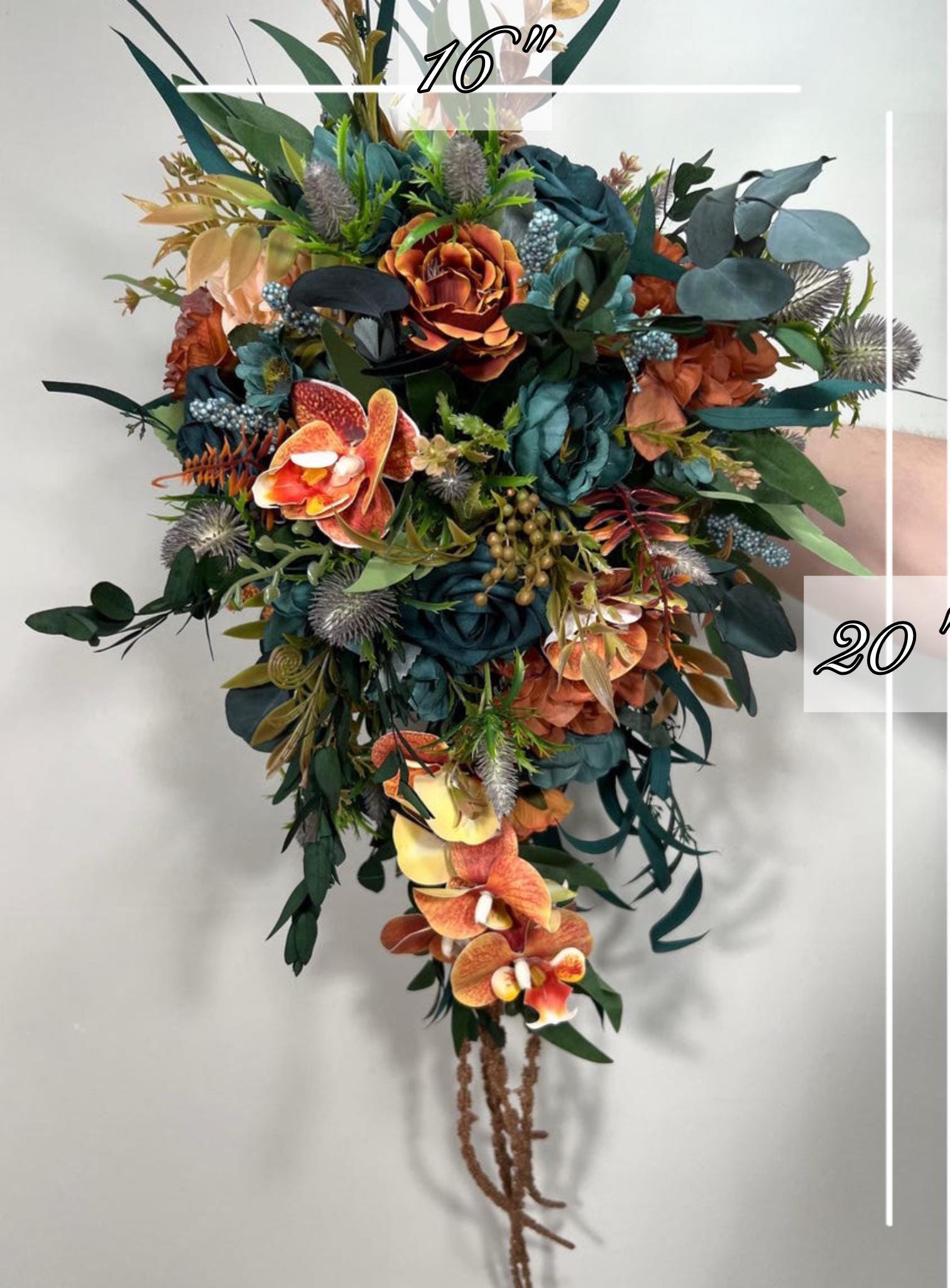 Teal Orange Bouquet Wedding Bridal Cascade Bouquet Terracotta Rustic Dark Teal Rust Orchid Eucalyptus Thistle Burnt Orange Artificial Flower