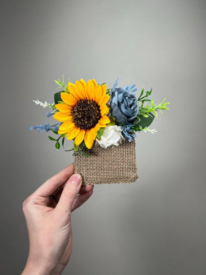 Sunflower Boutonniere Wedding Groom Sunflower Boutonnière Dusty Blue Sunflower Yellow Boho Boutonnière Groomsmen Sunflower Blue Boutonnière