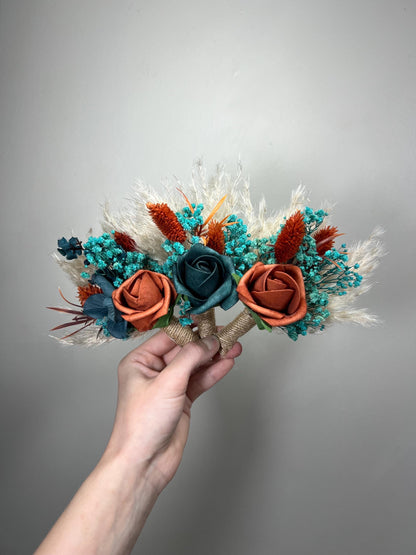 Teal Terracotta Boutonniere Wedding Dark Teal Burnt Orange Groom Boutonniere Boho Teal Blue Rust Pampas Grass Turquoise Baby Breath