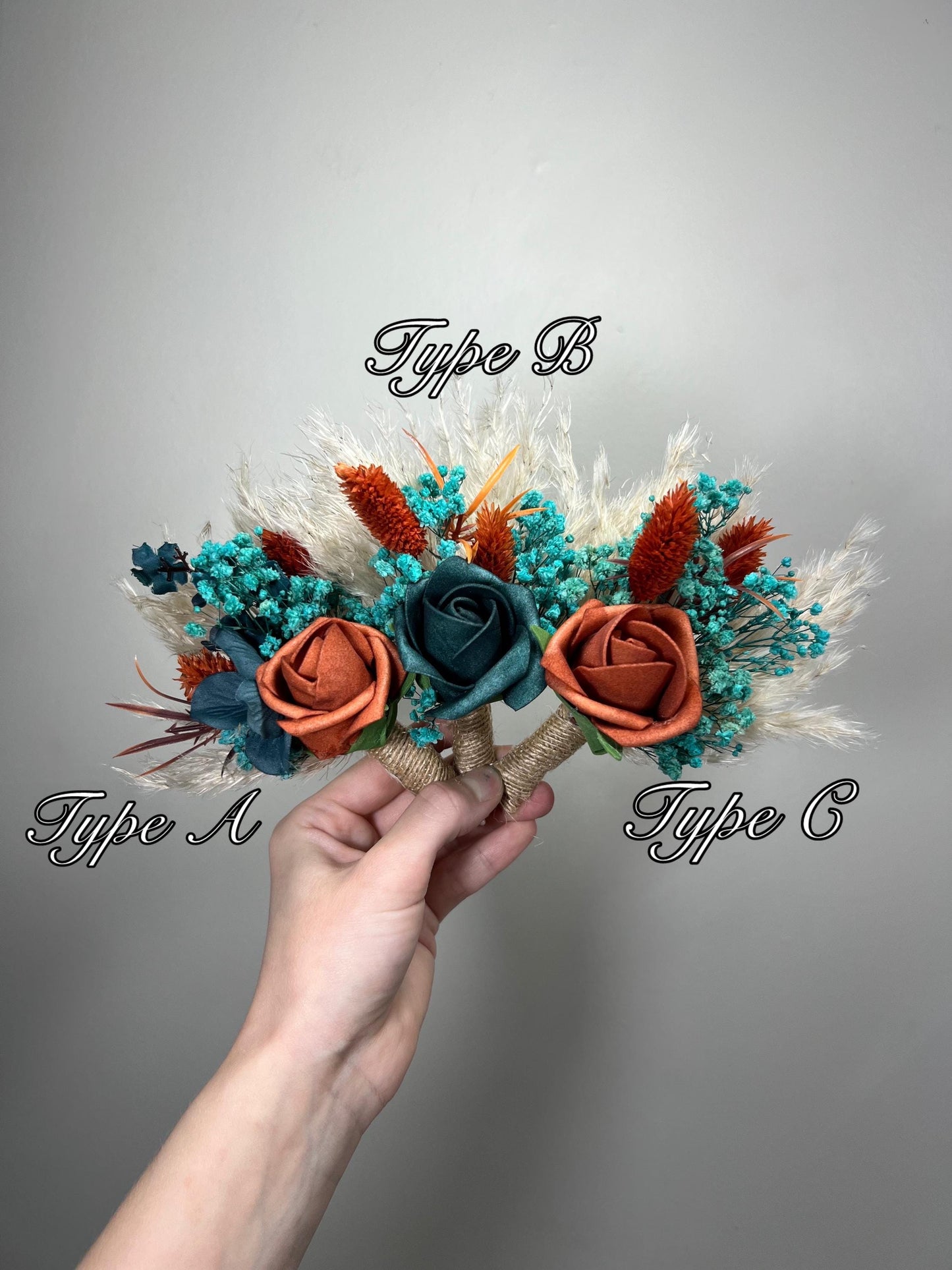 Teal Terracotta Boutonniere Wedding Dark Teal Burnt Orange Groom Boutonniere Boho Teal Blue Rust Pampas Grass Turquoise Baby Breath