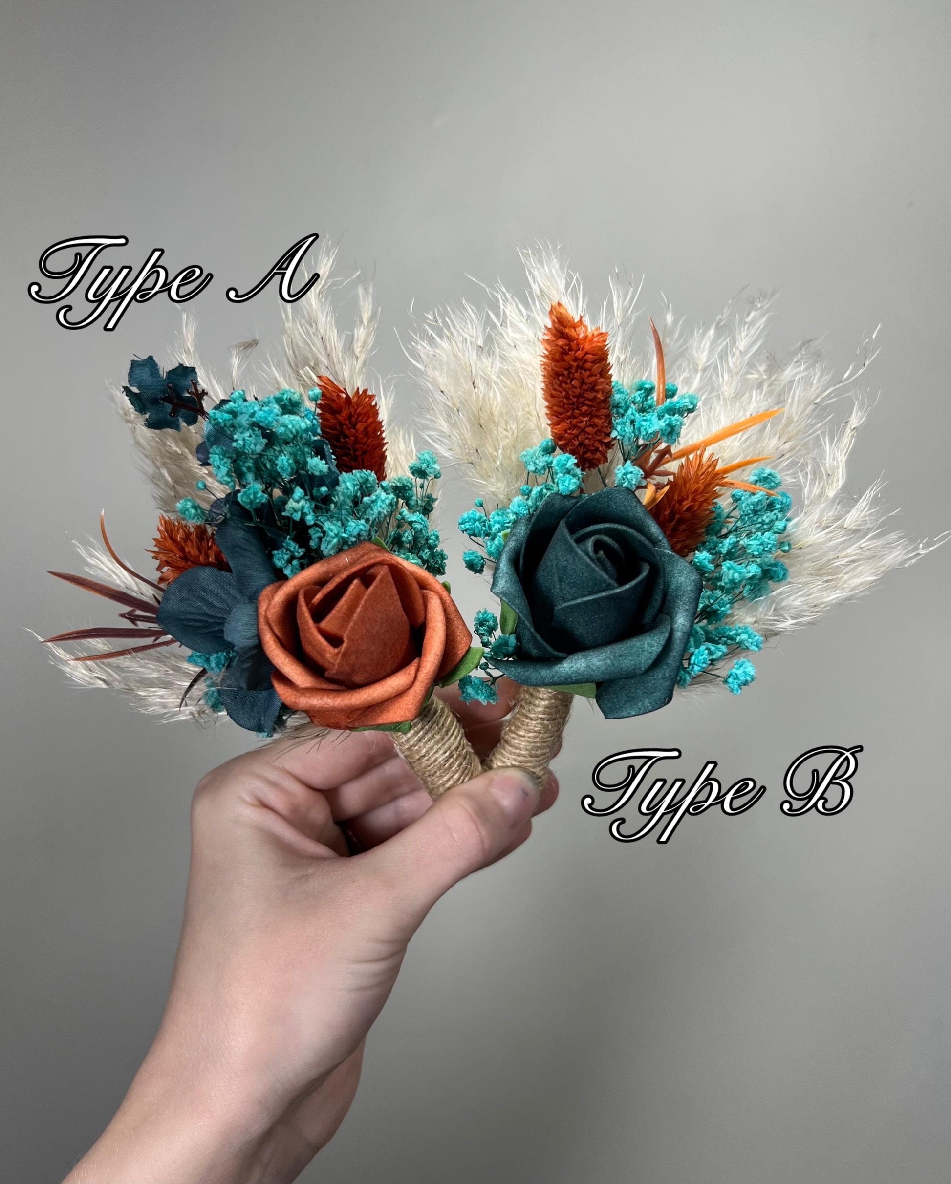 Teal Terracotta Boutonniere Wedding Dark Teal Burnt Orange Groom Boutonniere Boho Teal Blue Rust Pampas Grass Turquoise Baby Breath