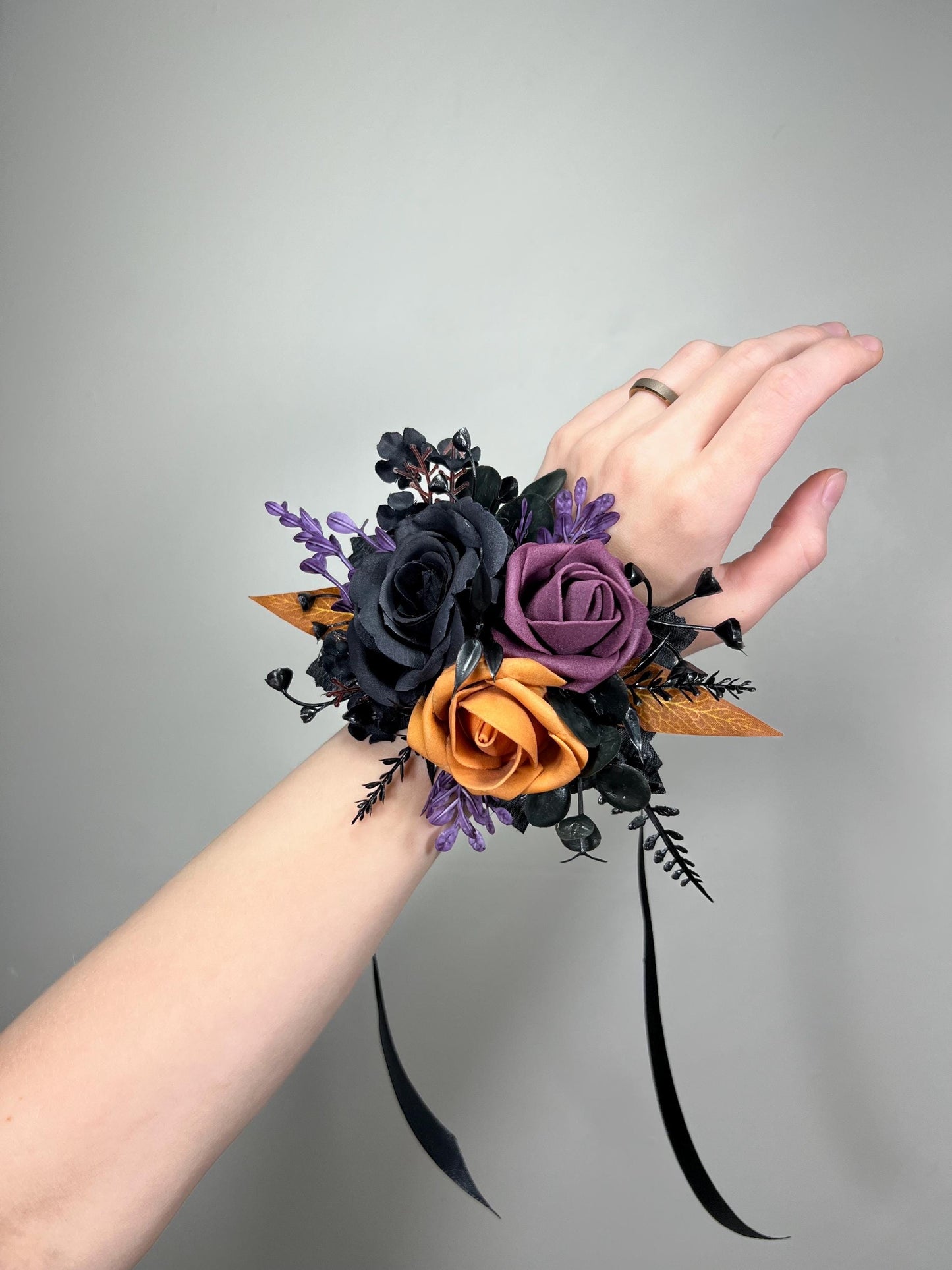 Black Plum Corsage Wedding Gothic Wrist Corsage Bridesmaids Burnt Orange Black Corsage Mom Black Dark Purple Corsage Prom Artificial Flower