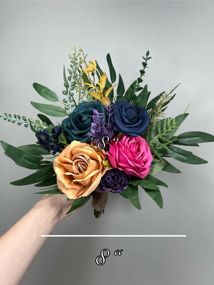 Jewel Tone Bouquet Wedding Bridal Fuchsia Dark Real Navy Blue Bouquet Bridesmaids Marigold Orange Eucalyptus Hot Pink Mustard Plum