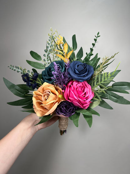 Jewel Tone Bouquet Wedding Bridal Fuchsia Dark Real Navy Blue Bouquet Bridesmaids Marigold Orange Eucalyptus Hot Pink Mustard Plum