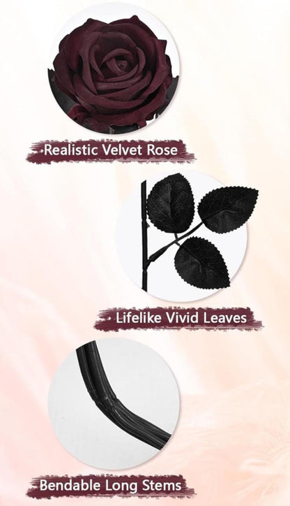 Burgundy Black Roses Artificial Wedding Flower Heads with Stems Dark Burgundy Gotchic Black Roses Wine Red Maroon Craft Supplies DIY Bouquet