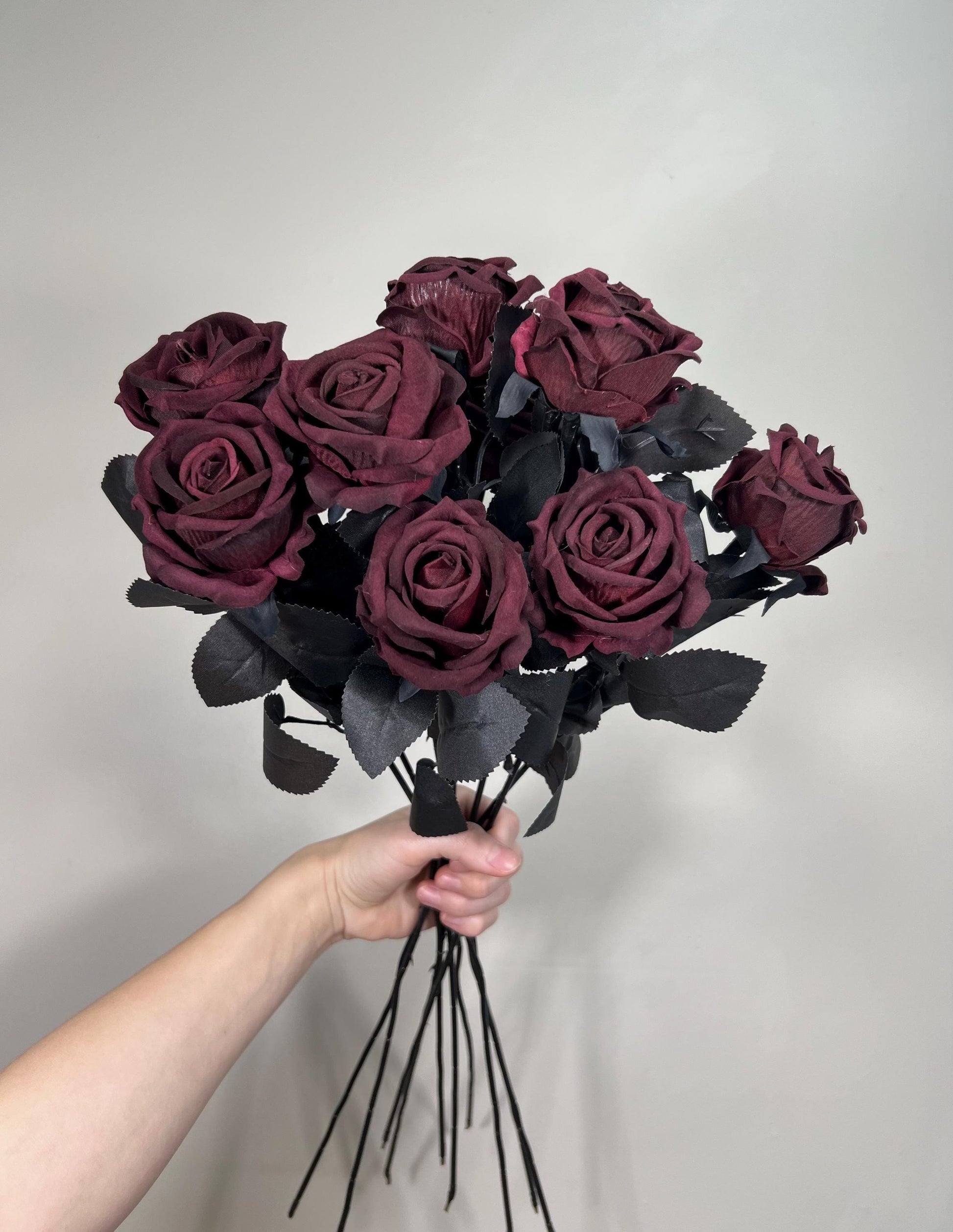 Burgundy Black Roses Artificial Wedding Flower Heads with Stems Dark Burgundy Gotchic Black Roses Wine Red Maroon Craft Supplies DIY Bouquet