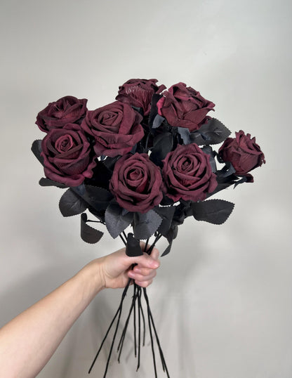 Burgundy Black Roses Artificial Wedding Flower Heads with Stems Dark Burgundy Gotchic Black Roses Wine Red Maroon Craft Supplies DIY Bouquet