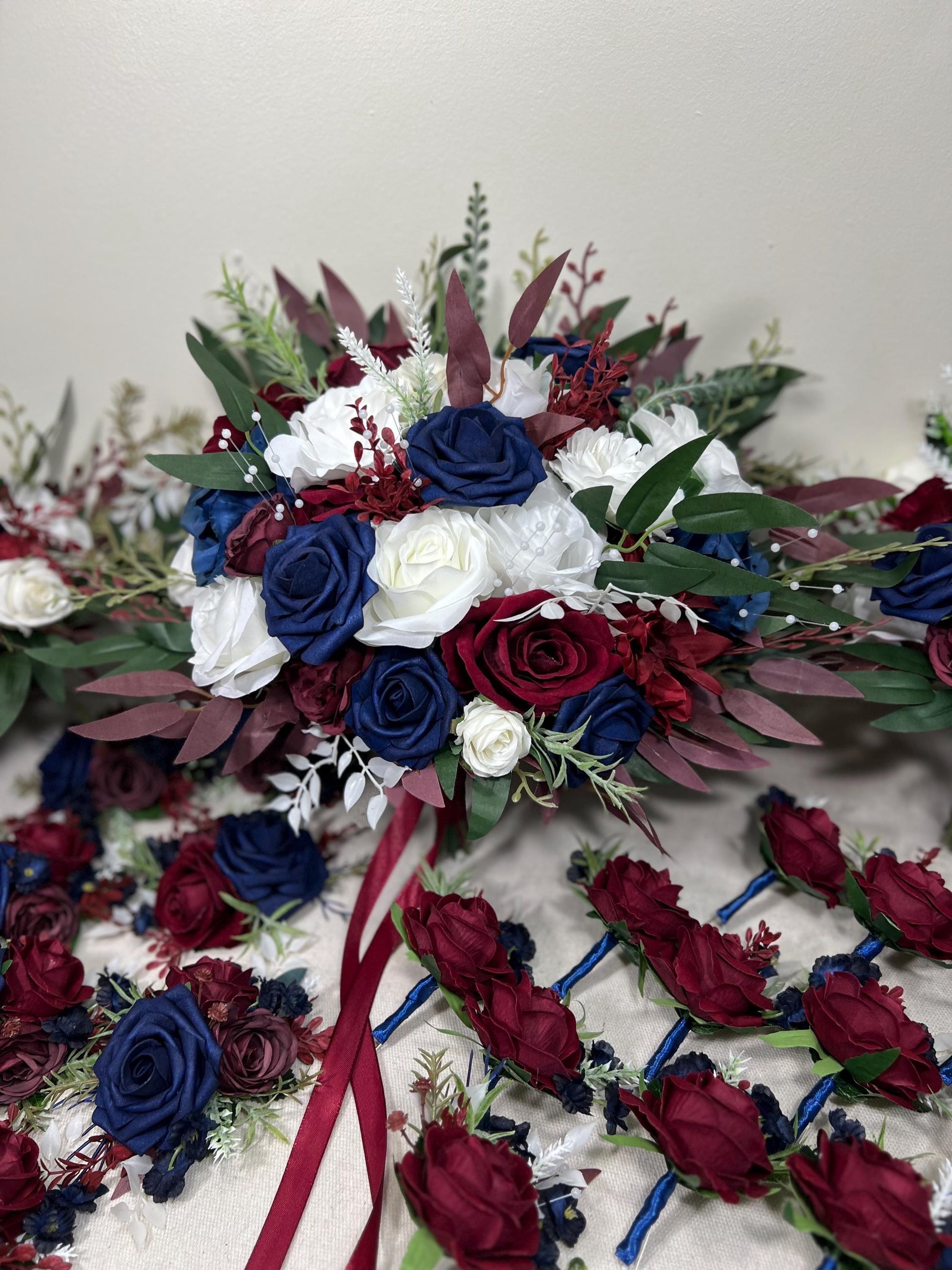 Burgundy Navy Wedding Bouquet With White Roses And Greenery