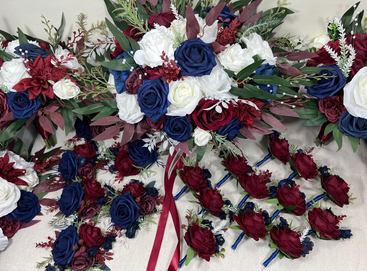 Burgundy Navy Wedding Bouquet With White Roses And Greenery