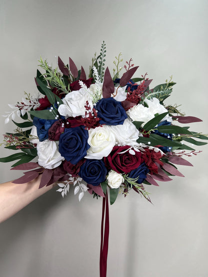 Burgundy Navy Wedding Bouquet With White Roses And Greenery