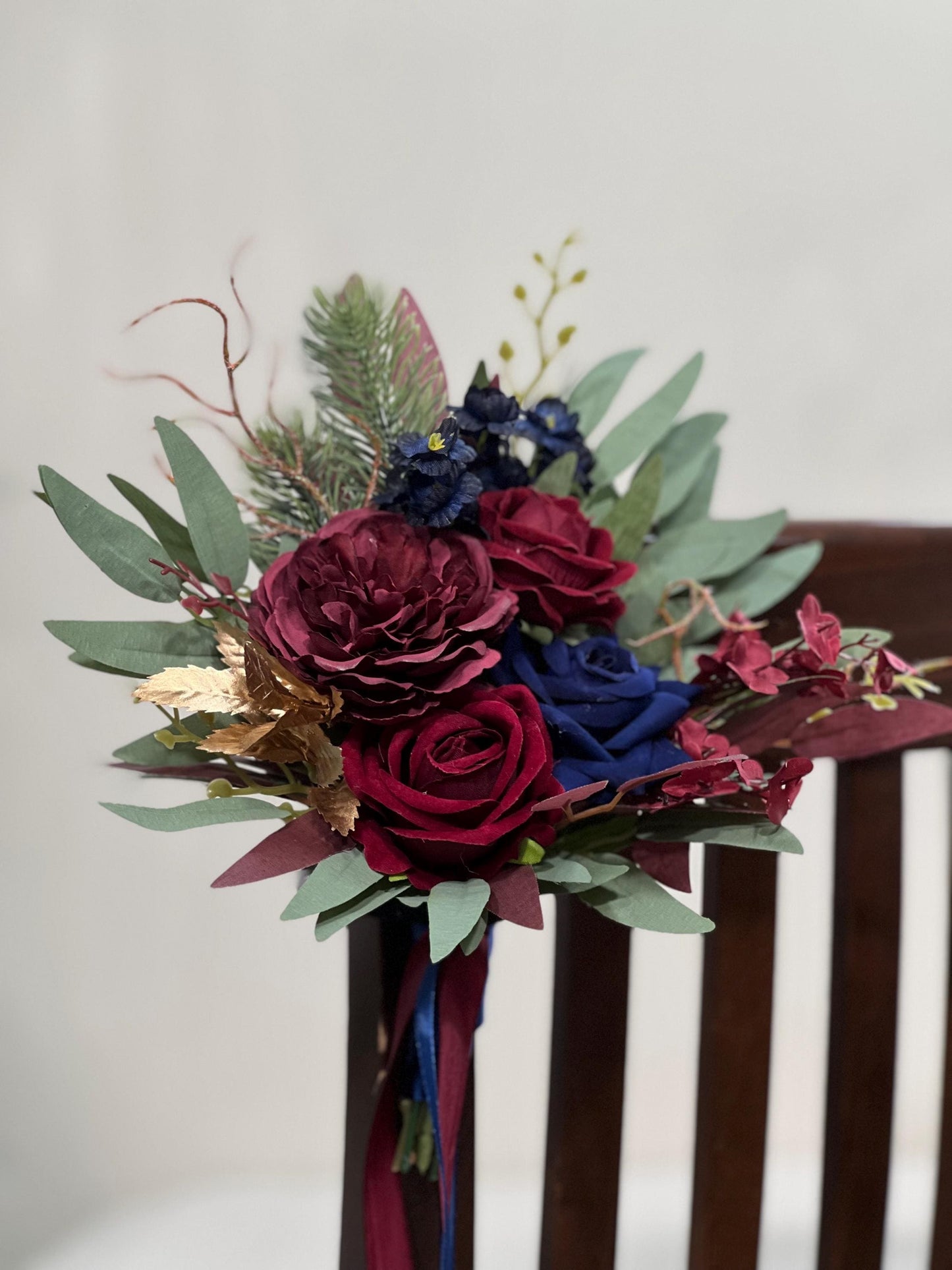 Winter Bouquet Burgundy Navy Blue Wedding Bouquet Bridal Cascading Wine Red Dark Blue Bouquet Cascade Bridesmaids Pine Tree Gold Artificial