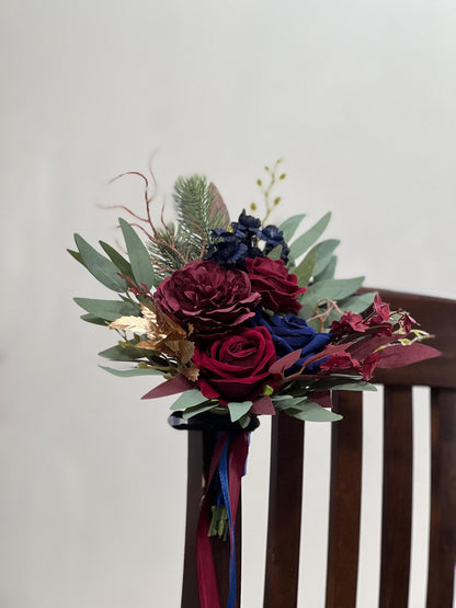 Burgundy Navy Blue Pew Decor Flower Wedding Dark Blue Maroon Gold Chair Decor Aisle Marker Winter Pine Tree Eucalyptus Artiticial Flower