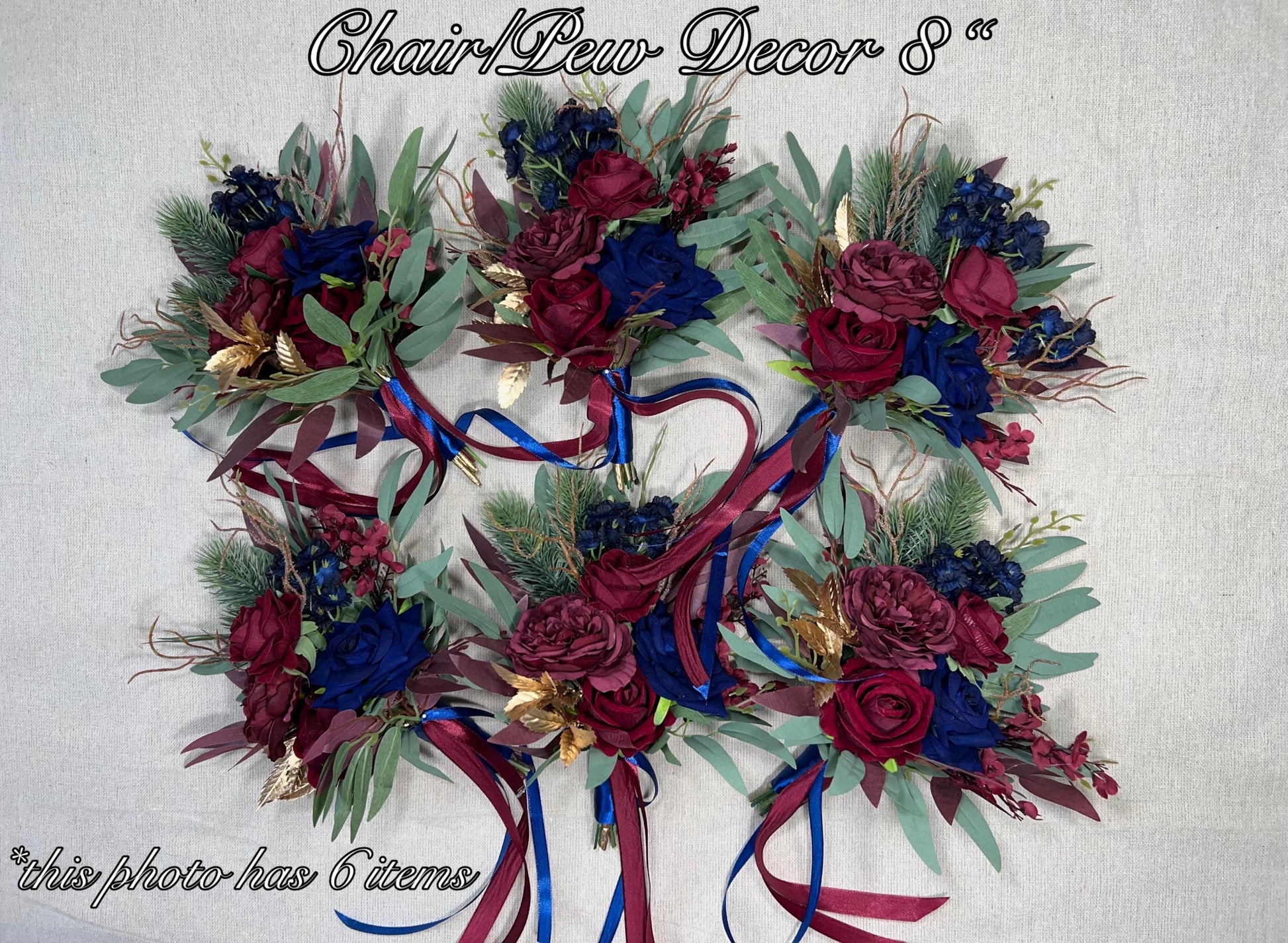 Burgundy Navy Blue Pew Decor Flower Wedding Dark Blue Maroon Gold Chair Decor Aisle Marker Winter Pine Tree Eucalyptus Artiticial Flower