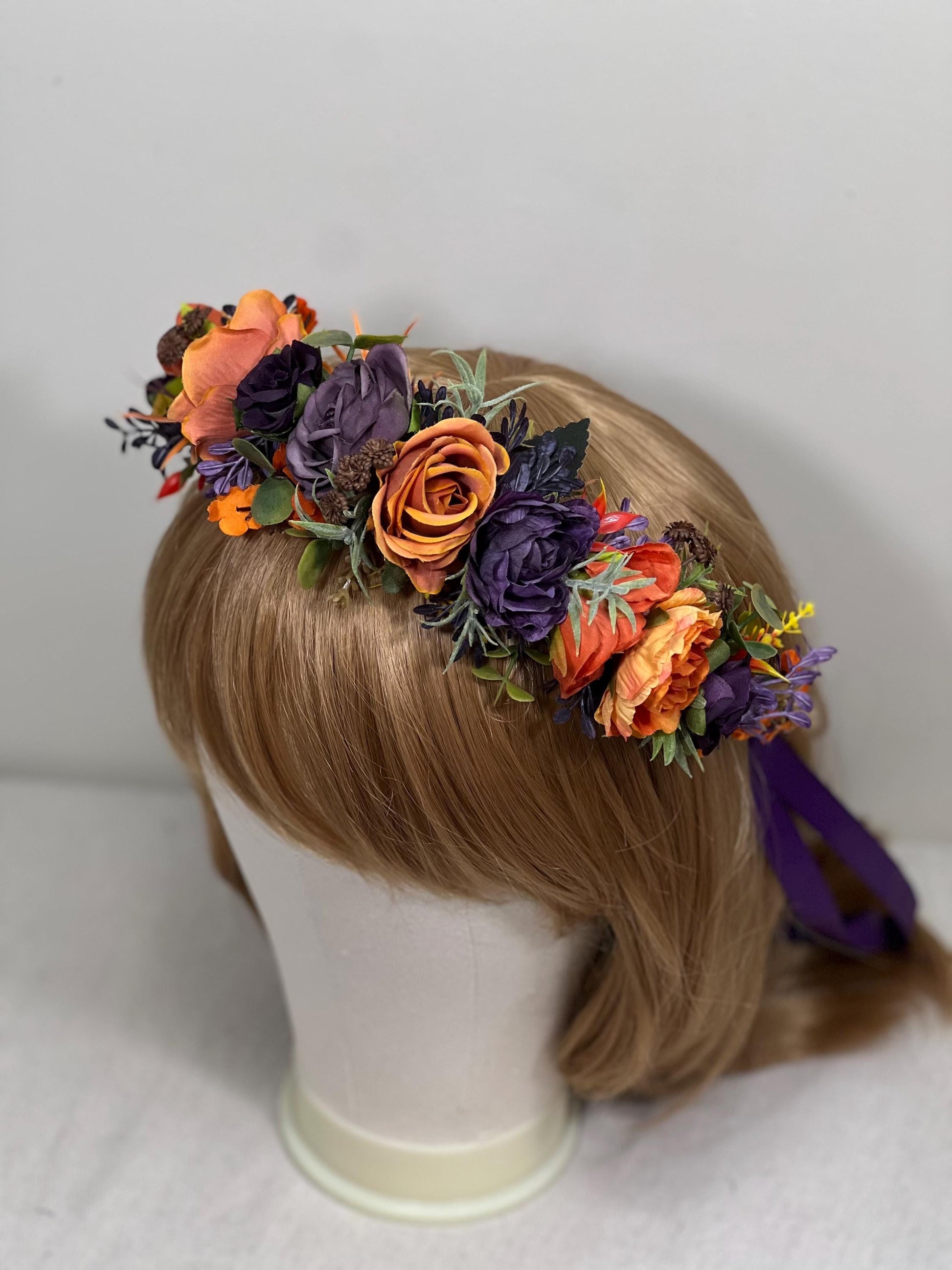Purple Orange Flower Crown Wedding Plum Terracotta Floral Crown Artificial Flowers Dark Purple Rust Adult Crown Flower Girl Headband Flower