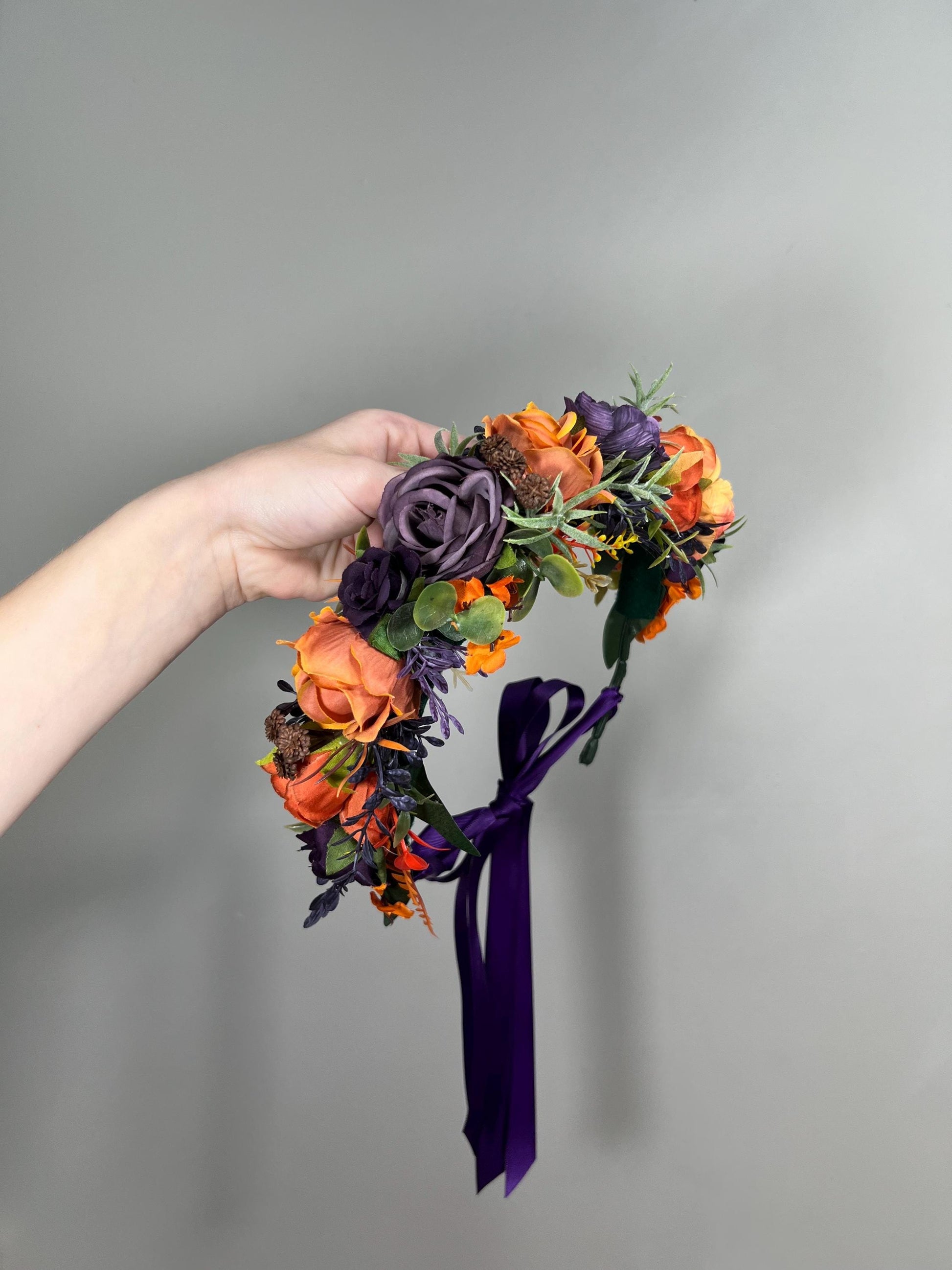 Purple Orange Flower Crown Wedding Plum Terracotta Floral Crown Artificial Flowers Dark Purple Rust Adult Crown Flower Girl Headband Flower