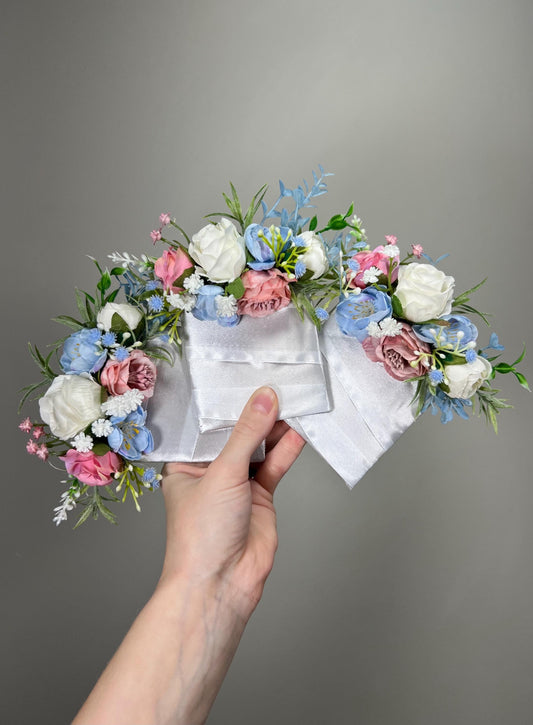 White Blue Pink Corsage Wedding Ivory Baby Blue Dusty Rose Wrist Corsage Bridesmaids Wild Flowers Corsage Purple Rustic Artiricial Flower