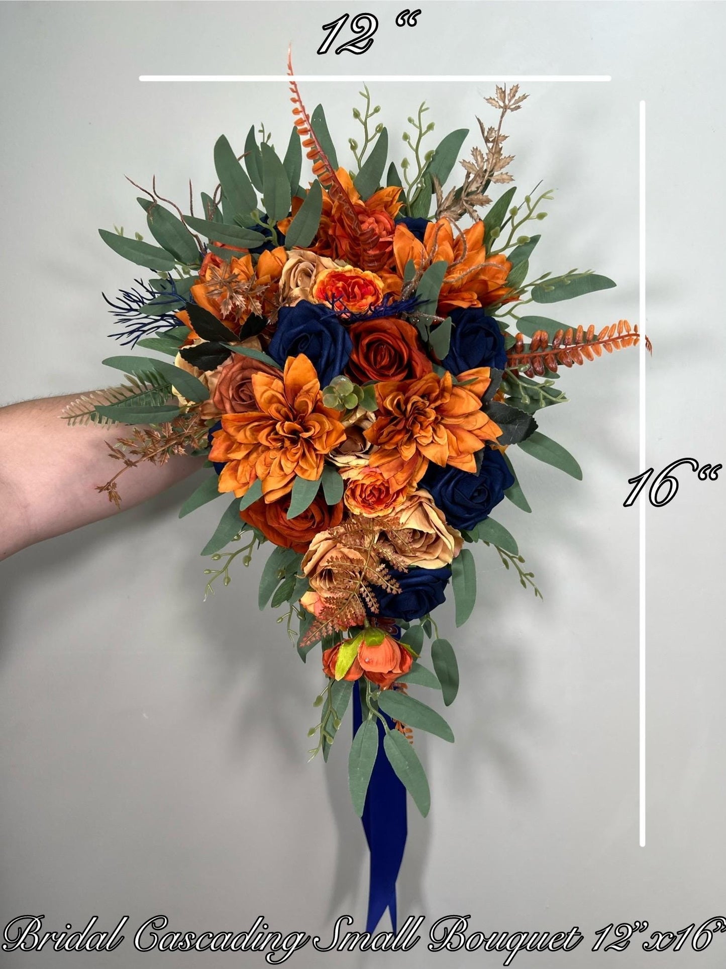Navy Blue Rust Bouquet Bridal Wedding Cascade Bouquet Navy Blue Terracotta Cascading Bouquet Dark Blue Bridesmaids Burnt Orange Bouquet