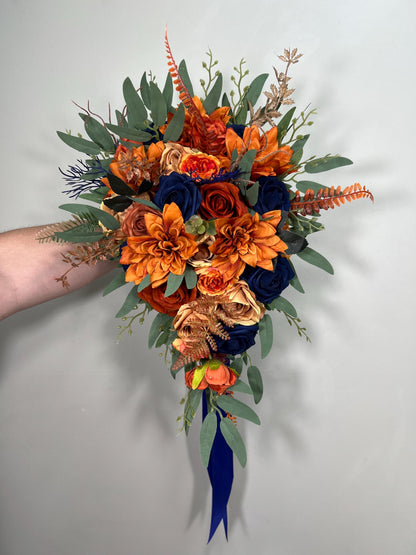 Navy Blue Rust Bouquet Bridal Wedding Cascade Bouquet Navy Blue Terracotta Cascading Bouquet Dark Blue Bridesmaids Burnt Orange Bouquet
