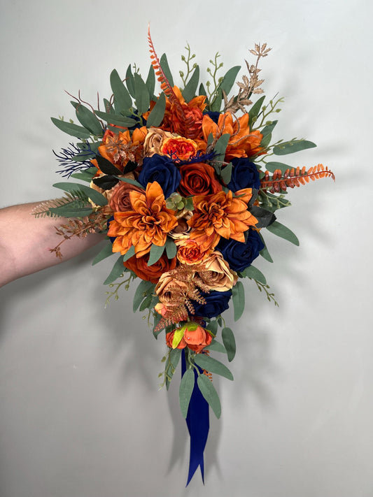 Navy Blue Rust Bouquet Bridal Wedding Cascade Bouquet Navy Blue Terracotta Cascading Bouquet Dark Blue Bridesmaids Burnt Orange Bouquet