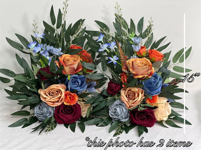 Burgundy Terracotta Aisle Marker Wedding Dusty Blue Burnt Orange Maroon Whiskey Barrel Decor Rust Floor Arrangement Artificial Flowers