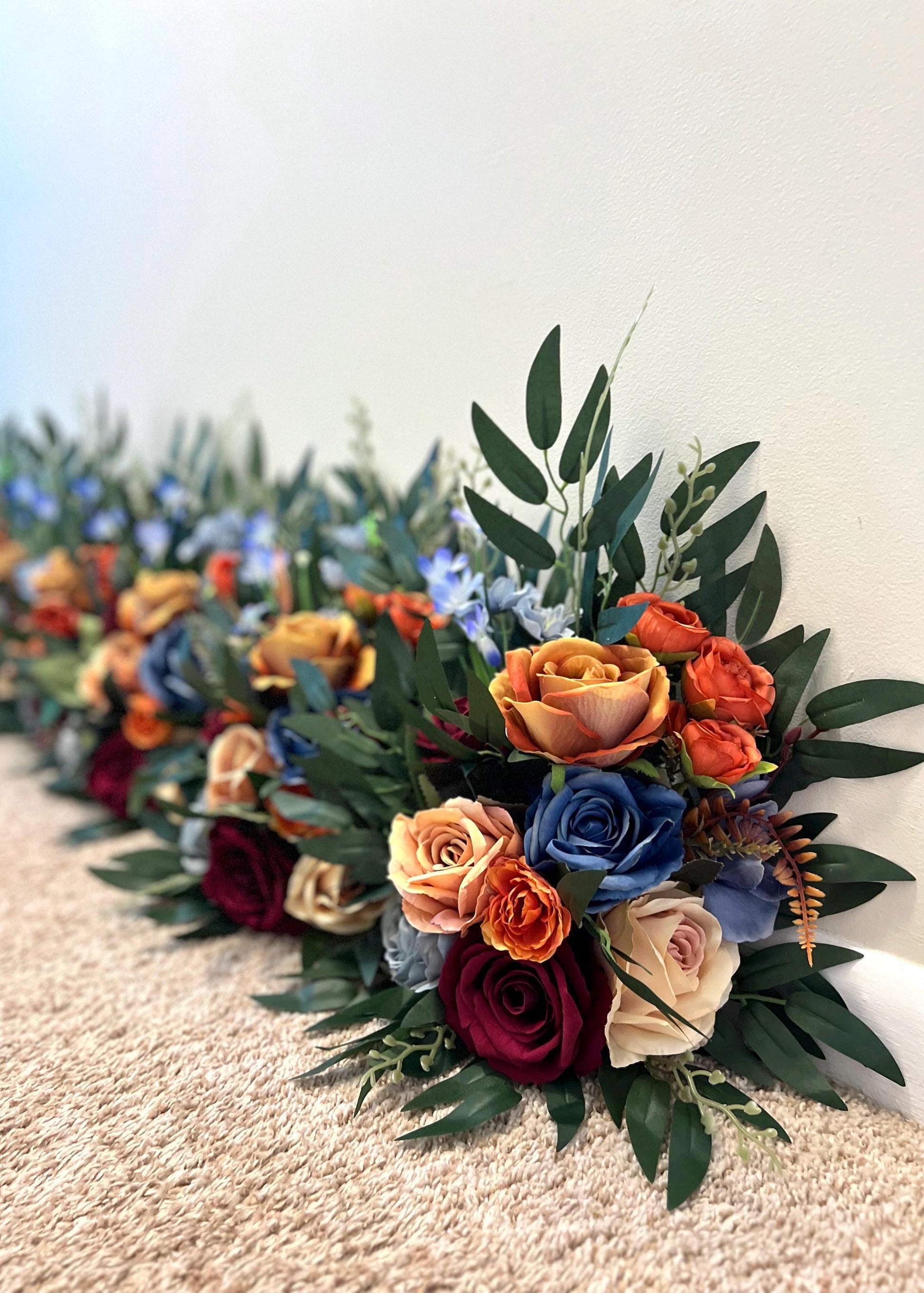 Burgundy Terracotta Aisle Marker Wedding Dusty Blue Burnt Orange Maroon Whiskey Barrel Decor Rust Floor Arrangement Artificial Flowers