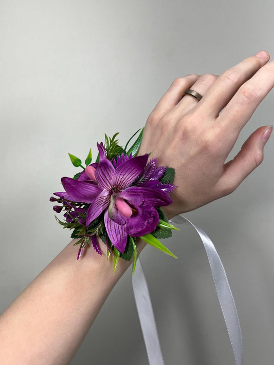 Purple Orchid Corsage Wedding Mom Square Boutonniere Pocket Beach Tropical Deep Purple Groomsmen Prom Artificial