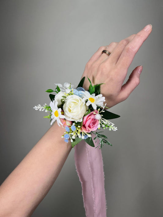 Wild Flowers Corsage Wedding White Blue Pink Wrist Mom Corsage Bridesmaids Daisy Sky Blue Dusty Rose Ivory Baby Breath Artiricial Rustic