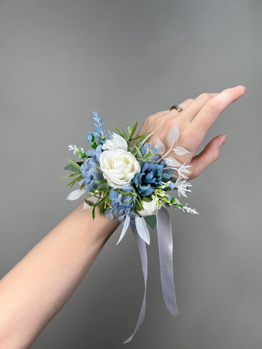 Blue White Corsage Wedding Ivory Dusty Blue Sky Baby Breath Bridesmaids Wrist Corsage Mom Wristlet Artiticial Flower Eucalyptus Prom Corsage