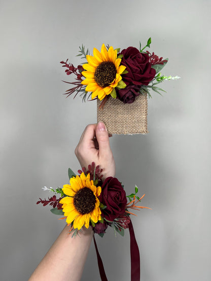 Wedding Sunflower Burgundy Boutonniere Groom Boutonnières Groomsmen Sunflower Boutonnière Maroon Fall Sunflower Yellow Artificial Flowers