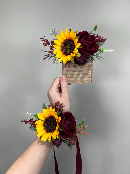Wedding Sunflower Burgundy Boutonniere Groom Boutonnières Groomsmen Sunflower Boutonnière Maroon Fall Sunflower Yellow Artificial Flowers