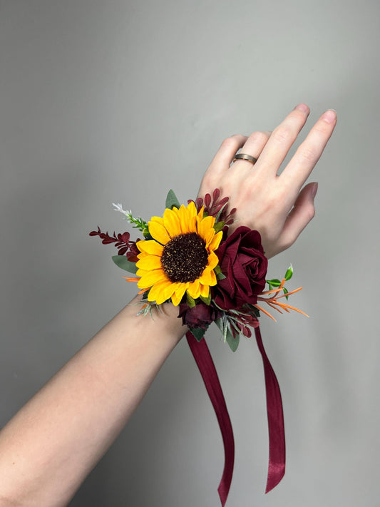 Sunflower Corsage Burgundy Wedding Wrist Mom Corsage Bridesmaids Yellow Sunflower Wine Red Artiticial Flower Fall Sage Green Maroon