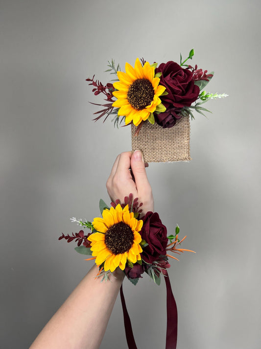 Sunflower Pocket Boutonniere Burgundy Groom Wedding Square Boutonniere Groomsmen Yellow Sunflower Wine Red Artiticial Flower Fall Eucalyptus
