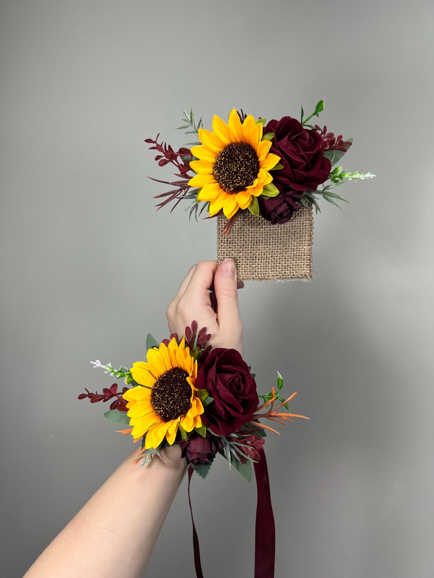 Sunflower Corsage Burgundy Wedding Wrist Mom Corsage Bridesmaids Yellow Sunflower Wine Red Artiticial Flower Fall Sage Green Maroon