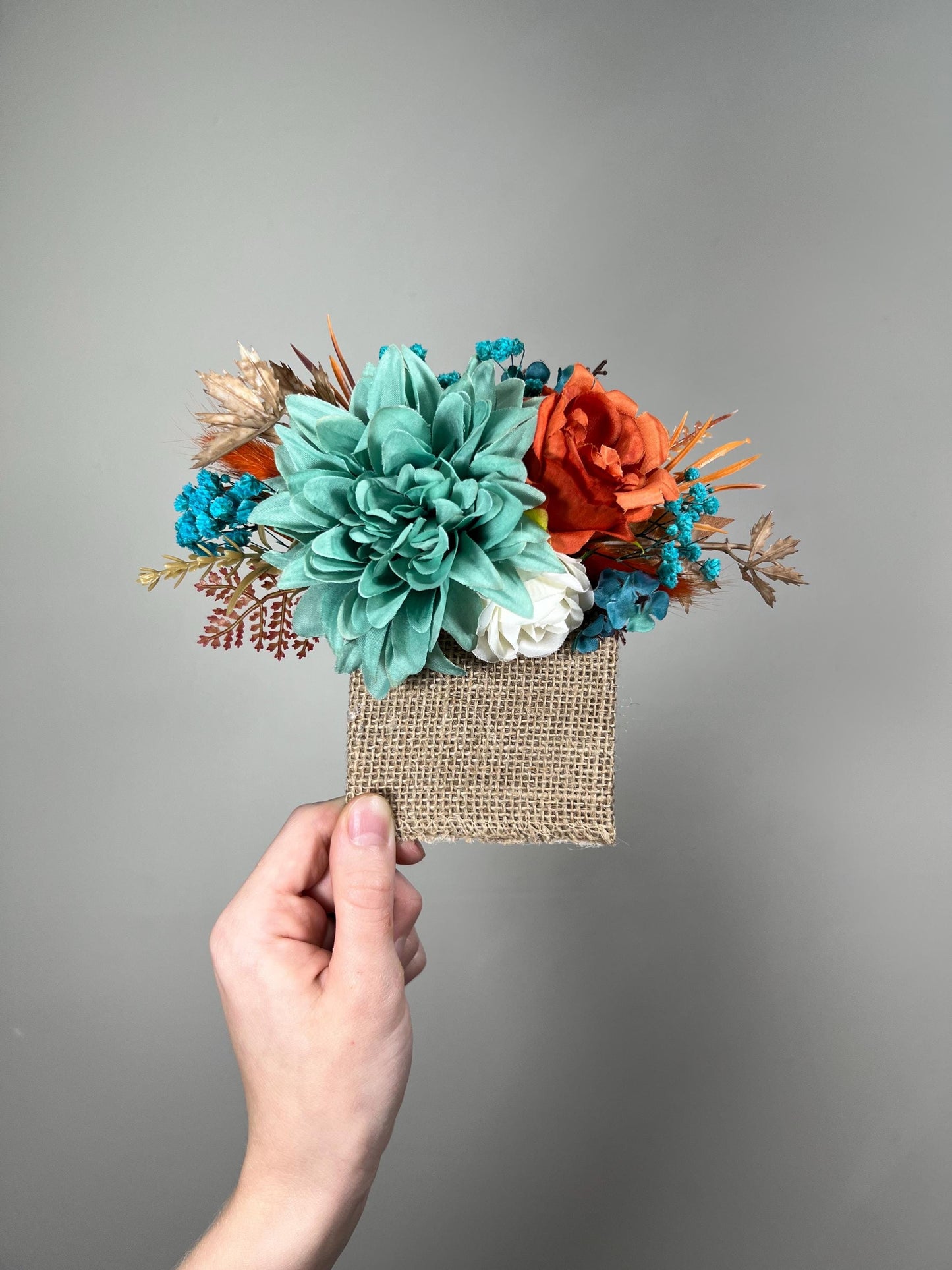 Turquoise Orange Pocket Boutonniere Wedding Terracotta Teal Blue Groom Square Boutonnièere Groomsmen Burnt Orange Rust Artificial Flowers