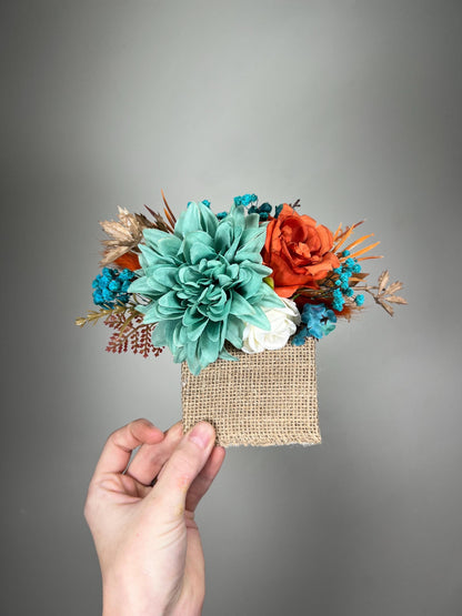 Turquoise Orange Pocket Boutonniere Wedding Terracotta Teal Blue Groom Square Boutonnièere Groomsmen Burnt Orange Rust Artificial Flowers